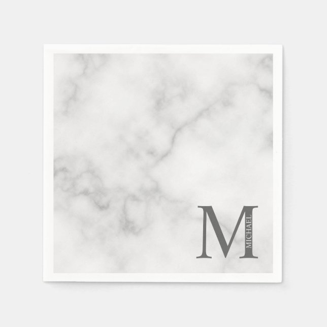 White Marble Personalized Monogram and Name Napkin (Front)