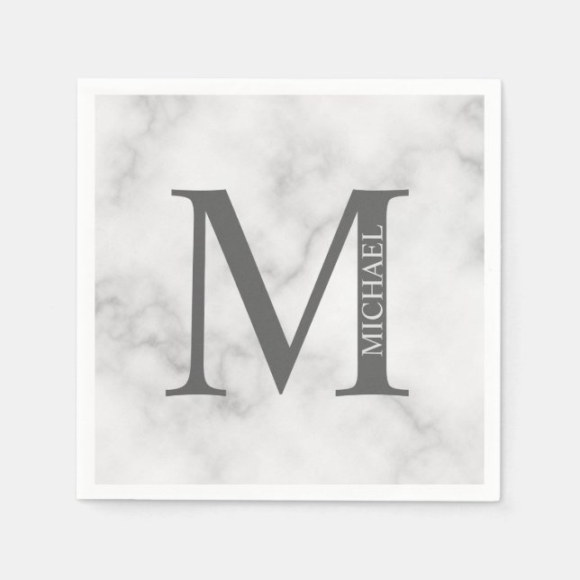 White Marble Personalized Monogram and Name  Napkin (Front)