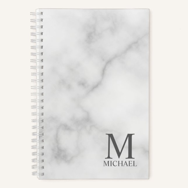 White Marble Personalized Monogram and Name Notebook (Front)