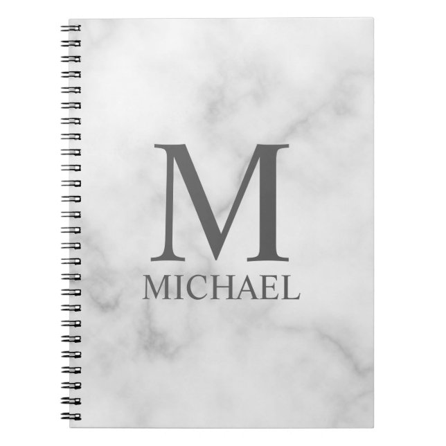White Marble Personalized Monogram and Name Notebook (Front)