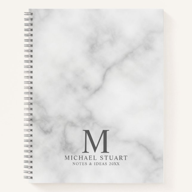 White Marble Personalized Monogram and Name Notebook (Front)
