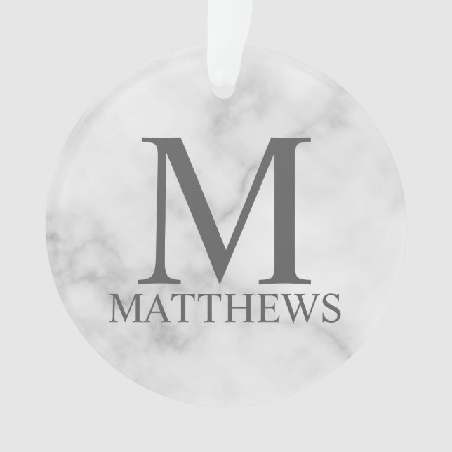 White Marble Personalized Monogram and Name Ornament (Front)
