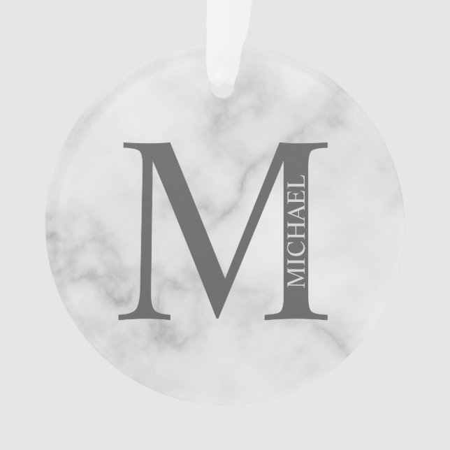 White Marble Personalized Monogram and Name Ornament (Front)