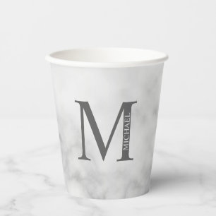 White Marble Personalized Monogram and Name Paper Cups