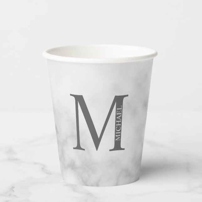 White Marble Personalized Monogram and Name Paper Cups (Front)