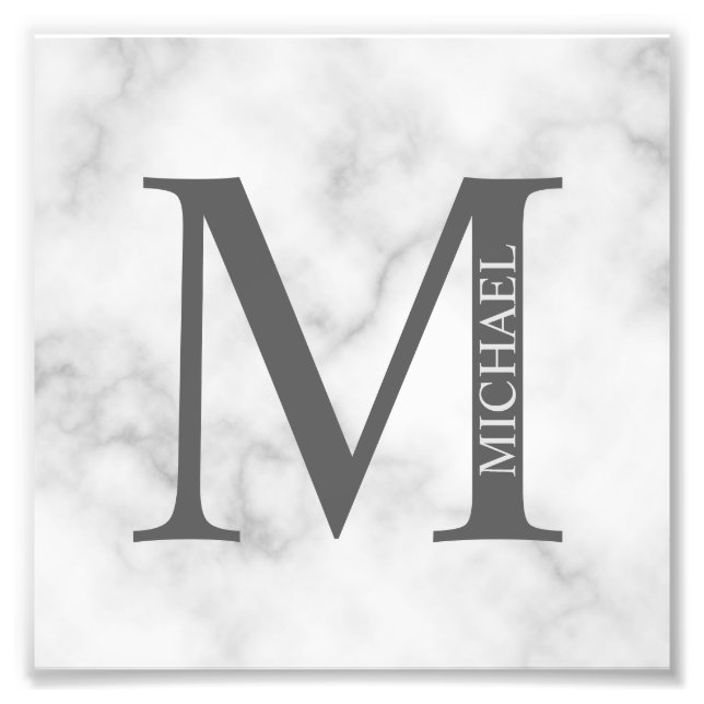 White Marble Personalized Monogram and Name Photo Print (Front)
