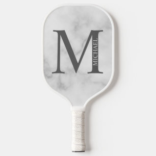 White Marble Personalized Monogram and Name Pickleball Paddle