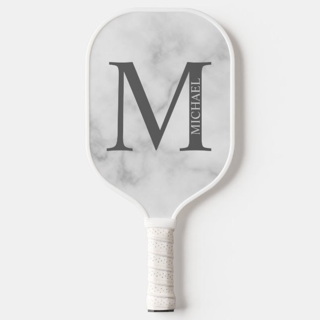 White Marble Personalized Monogram and Name Pickleball Paddle (Front)