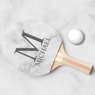 White Marble Personalized Monogram and Name Ping Pong Paddle