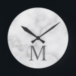 White Marble Personalized Monogram and Name Round Clock<br><div class="desc">Personalized Monogram and Name Design
features personalized monogram and name in classic serif font style.

Please note: The marble details are simulated in the artwork. No actual marble will be used in the making of this product.</div>