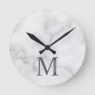 White Marble Personalized Monogram and Name Round Clock