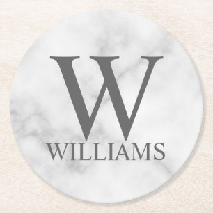 White Marble Personalized Monogram and Name Round Paper Coaster