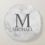 White Marble Personalized Monogram and Name Round Pillow<br><div class="desc">Personalized Monogram and Name Gift
features personalized monogram and name in grey classic serif font style on white marble background.

Perfect as holiday gift,  family reunion favors,  housewarming gift,  wedding gift and gift for any special occasions.</div>