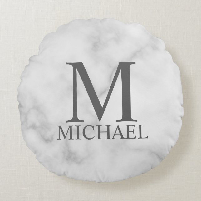 White Marble Personalized Monogram and Name Round Pillow (Front)