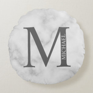 White Marble Personalized Monogram and Name Round Pillow