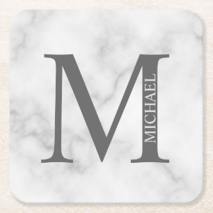 White Marble Personalized Monogram and Name Square Paper Coaster
