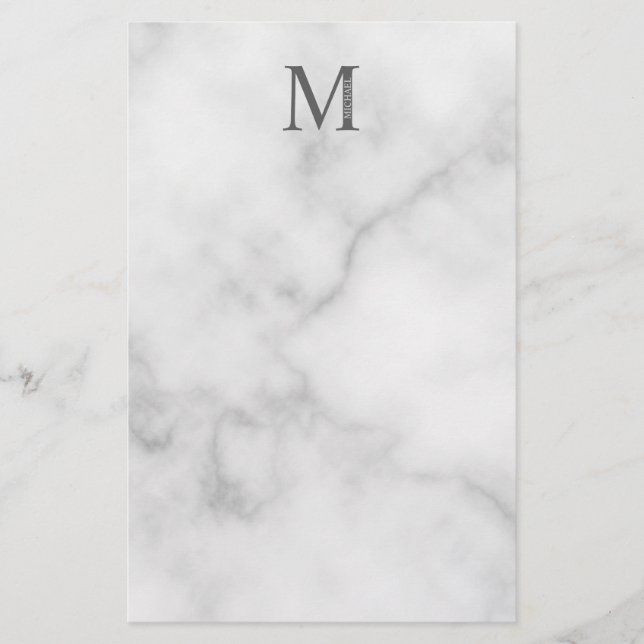 White Marble Personalized Monogram and Name Stationery (Front)