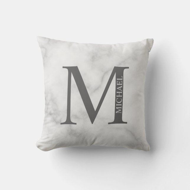 White Marble Personalized Monogram and Name Throw Pillow (Front)