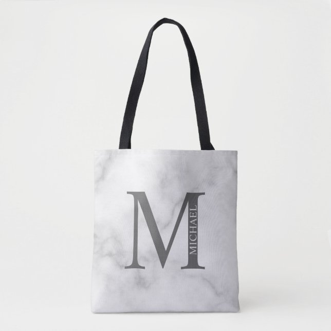 White Marble Personalized Monogram and Name Tote Bag (Front)