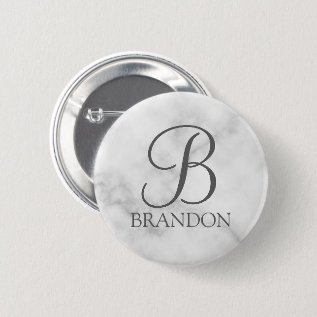White Marble Personalized Script Monogram and Name 2 Inch Round Button (Front & Back)