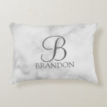 White Marble Personalized Script Monogram and Name Accent Pillow<br><div class="desc">Personalized Monogram and Name Gift
features personalized monogram in grey classic script font style and name in grey classic serif font style on white marble background.

Perfect as holiday gift,  family reunion favours,  housewarming gift,  wedding gift and gift for any special occasions.</div>