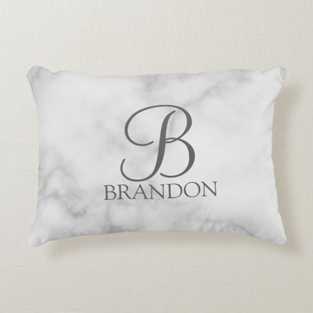 White Marble Personalized Script Monogram and Name Accent Pillow (Front)
