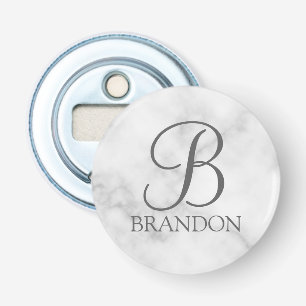 White Marble Personalized Script Monogram and Name Bottle Opener