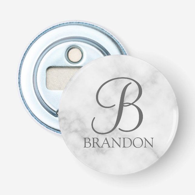 White Marble Personalized Script Monogram and Name Bottle Opener (Front)