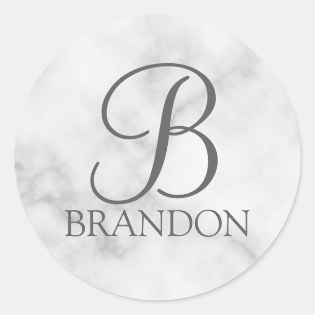 White Marble Personalized Script Monogram and Name Classic Round Sticker (Front)
