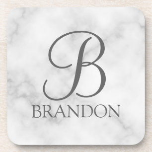 White Marble Personalized Script Monogram and Name Coaster