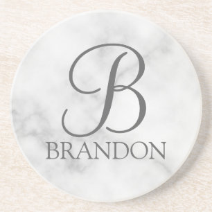 White Marble Personalized Script Monogram and Name Coaster