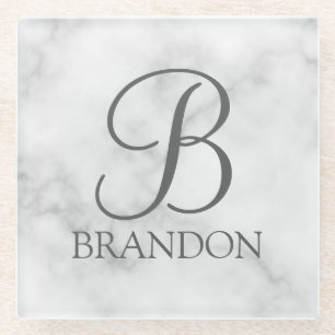 White Marble Personalized Script Monogram and Name Glass Coaster