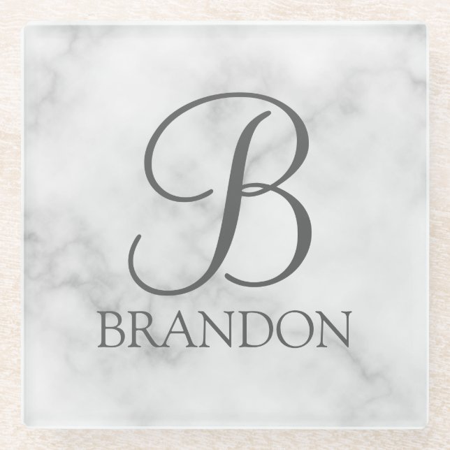 White Marble Personalized Script Monogram and Name Glass Coaster (Front)