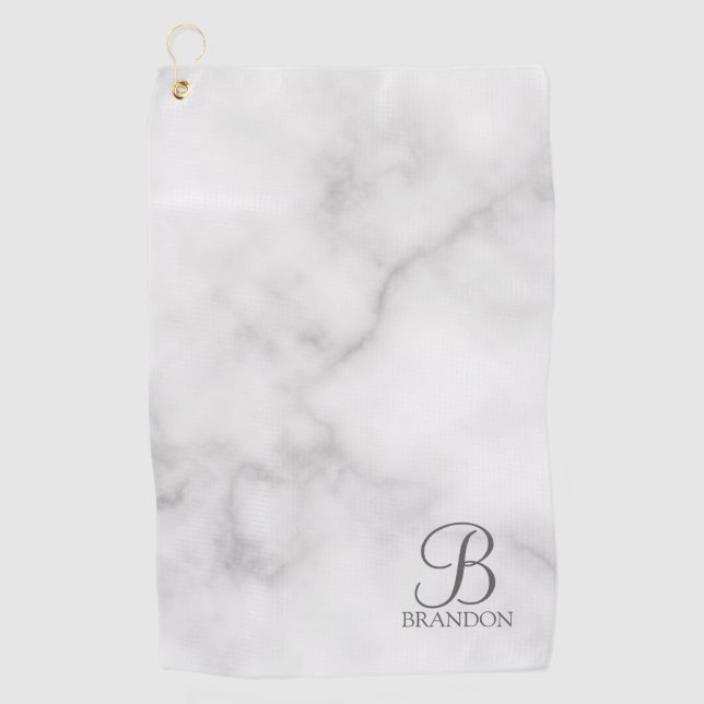 White Marble Personalized Script Monogram and Name Golf Towel (Front)