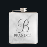 White Marble Personalized Script Monogram and Name Hip Flask<br><div class="desc">Personalized Monogram and Name Gift
features personalized monogram in grey classic script font style and name in grey classic serif font style on white marble background.
Perfect as holiday gift, father's day gift, family reunion favours, thank you gift for groomsmen and gift for any special occasions.</div>