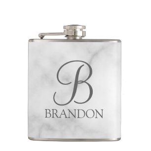 White Marble Personalized Script Monogram and Name Hip Flask