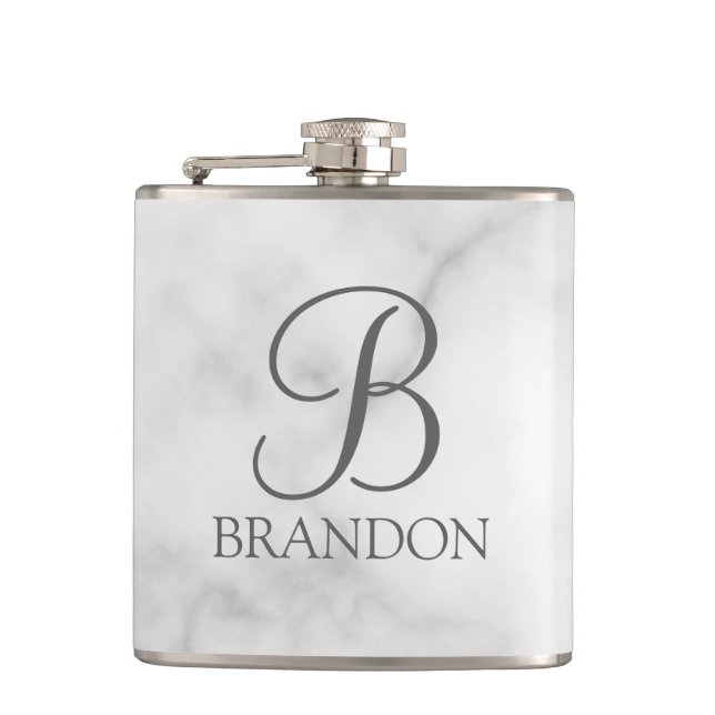 White Marble Personalized Script Monogram and Name Hip Flask (Front)