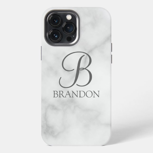 White Marble Personalized Script Monogram and Name iPhone Case (Back)