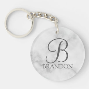 White Marble Personalized Script Monogram and Name Keychain