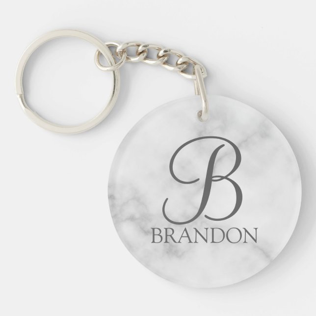 White Marble Personalized Script Monogram and Name Keychain (Front)