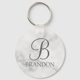 White Marble Personalized Script Monogram and Name Keychain
