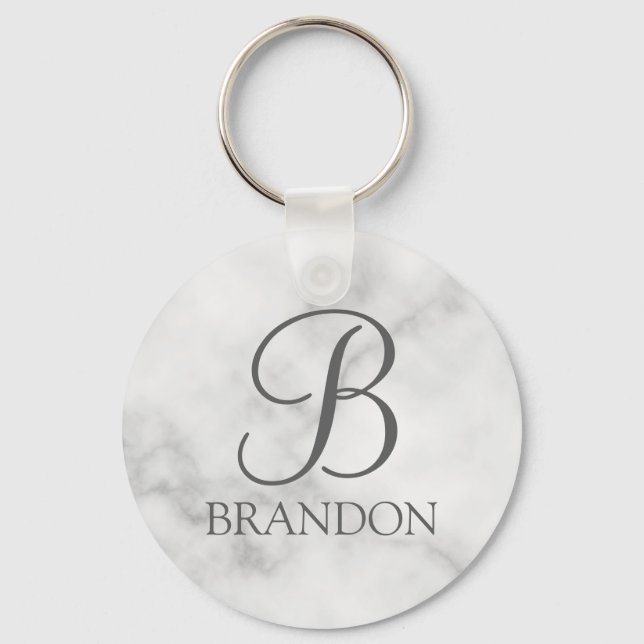 White Marble Personalized Script Monogram and Name Keychain (Front)