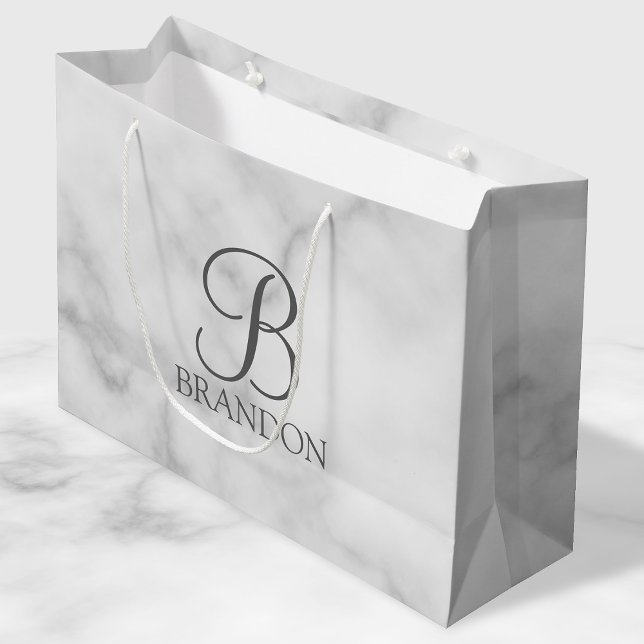 White Marble Personalized Script Monogram and Name Large Gift Bag (Creator Uploaded)