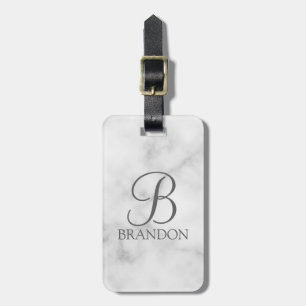 White Marble Personalized Script Monogram and Name Luggage Tag