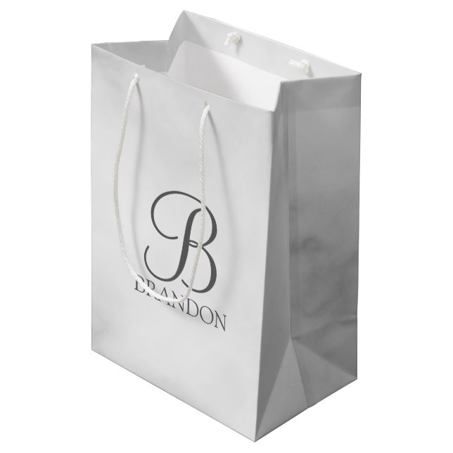 White Marble Personalized Script Monogram and Name Medium Gift Bag (Front Angled)