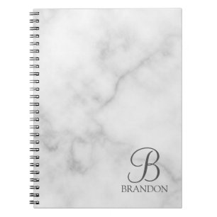 White Marble Personalized Script Monogram and Name Notebook