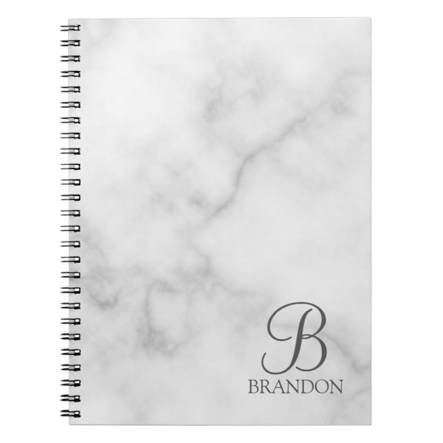 White Marble Personalized Script Monogram and Name Notebook (Front)