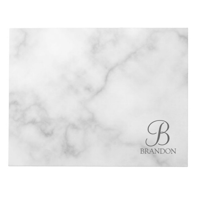 White Marble Personalized Script Monogram and Name Notepad (Front)