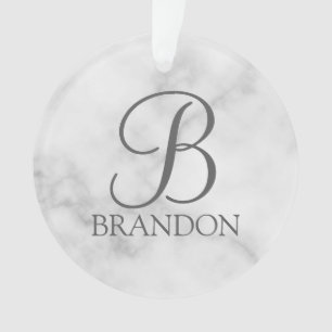 White Marble Personalized Script Monogram and Name Ornament