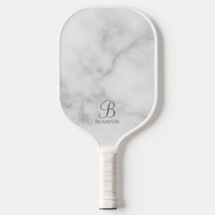 White Marble Personalized Script Monogram and Name Pickleball Paddle